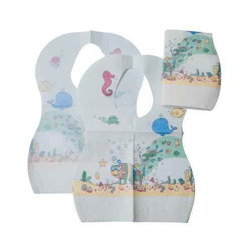 China Disposable Baby Bib, Waterproof Paper + PE Film 25*28cm+5cm with Pocket Hersteller